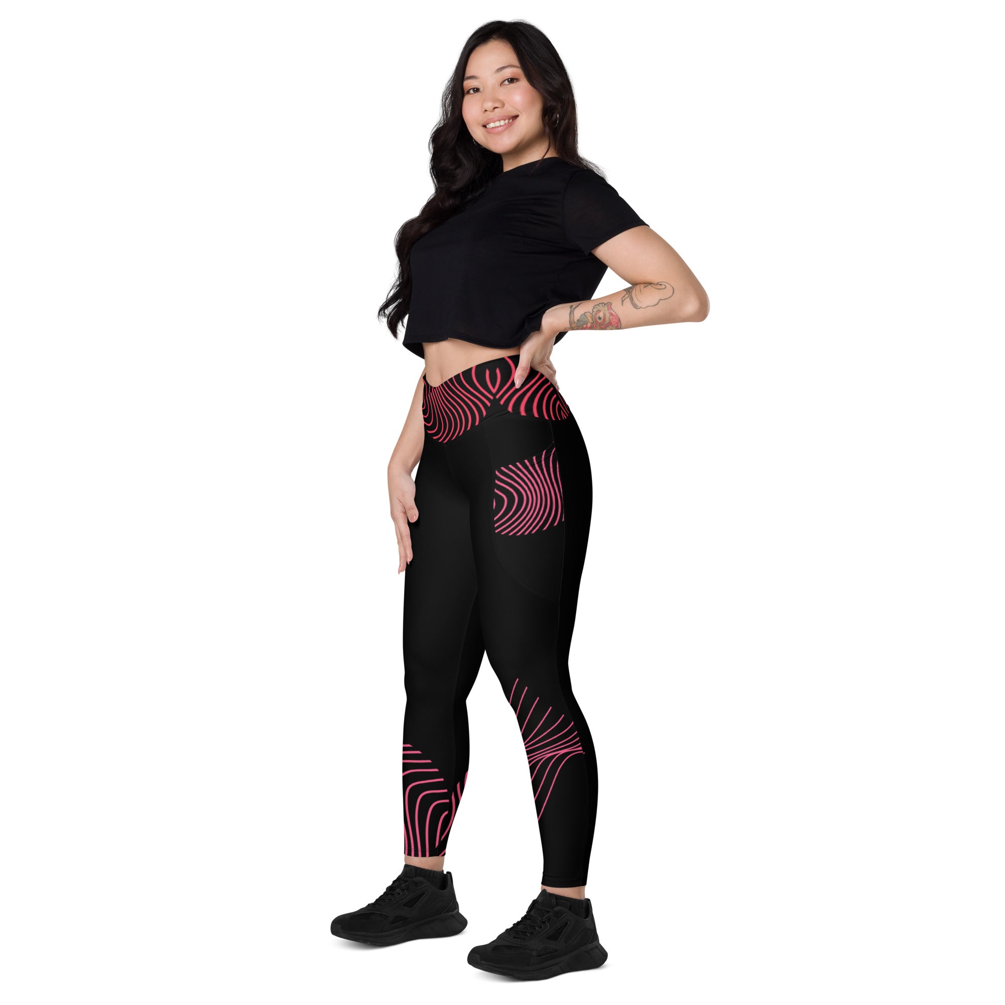 Black crossover leggings with pockets- activewear for gym girls. Fitness or yoga pants. RippleFX by WickedYo.